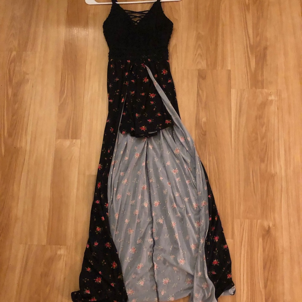 Black floral romper with train back